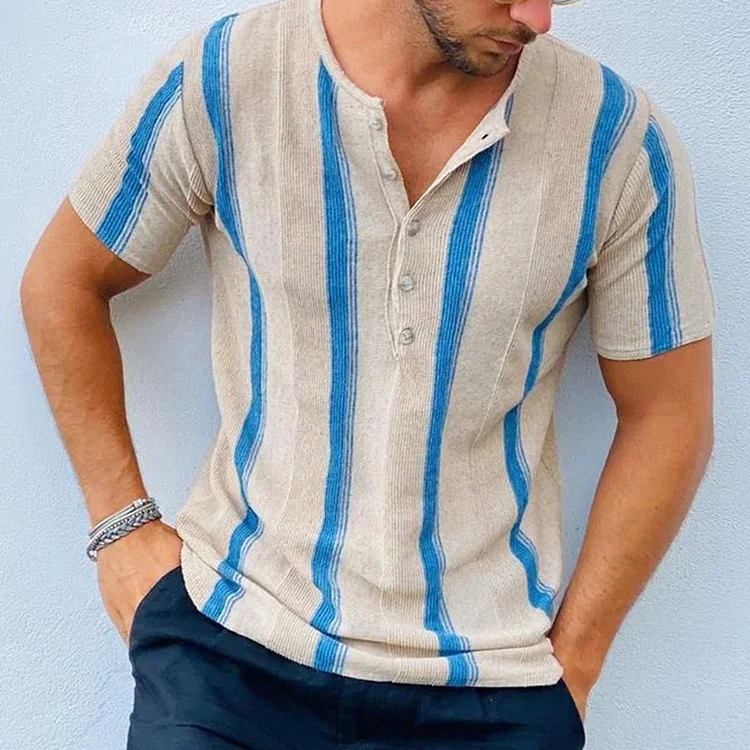 BrosWear Trendy Striped Print Henley Collar T-Shirt