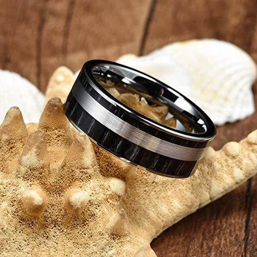 6MM 8MM Women's Or Men's Tungsten Carbide Wedding Matching Rings Black with Silver Tone Stripe and Ebony Wood Wood Inlay Comfort Fit