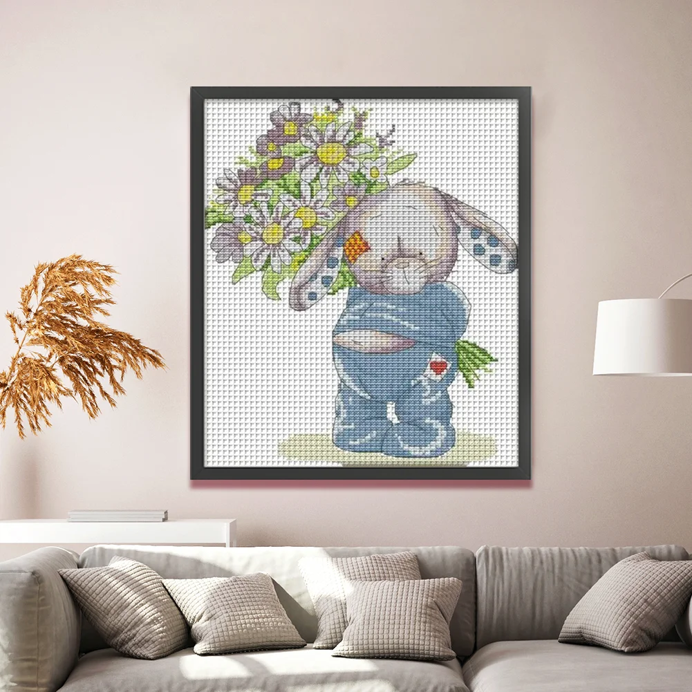 DIY Stamped Cross Stitch 14CT Partial Embroidery 28*32cm - Bunny Presents Flowers