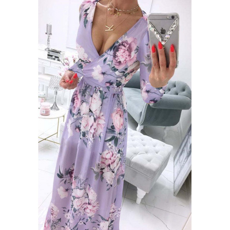 Searchwombat New Summer Long Dress Printed V-neck Chiffon Long-sleeved Dress Bohemian Style Full Skirt Dress