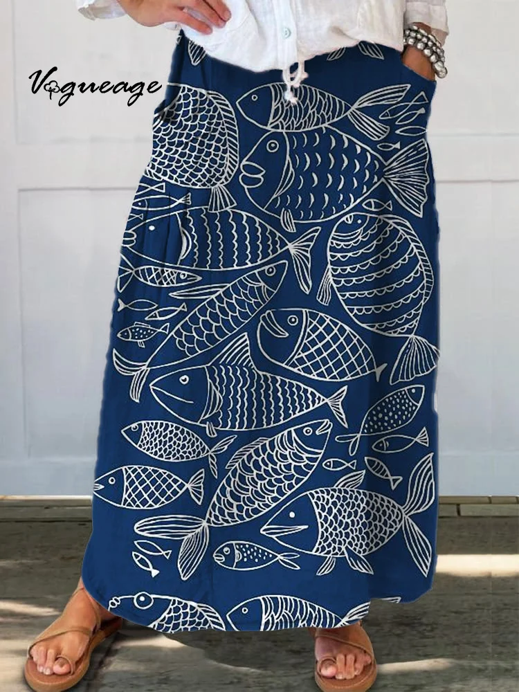 Casual Fashion Simple Line Fish Printed Women's Casual Cotton And Linen Skirt