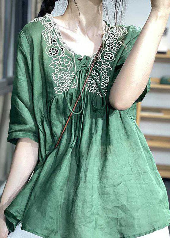 Modern Green Cinched Hollow Out Linen Shirts Half Sleeve CK2536- Fabulory