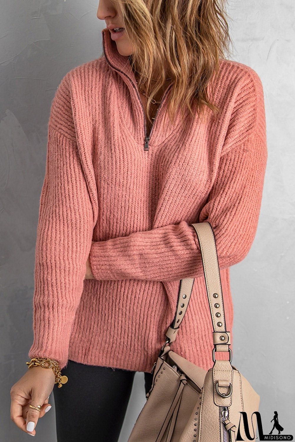 MidiSono - Pink Zip Neck Knitted Sweater