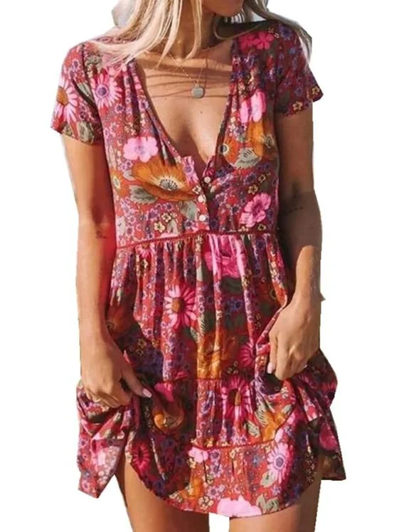 Women Short Sleeve V-neck Floral Printed Button Mini Dress