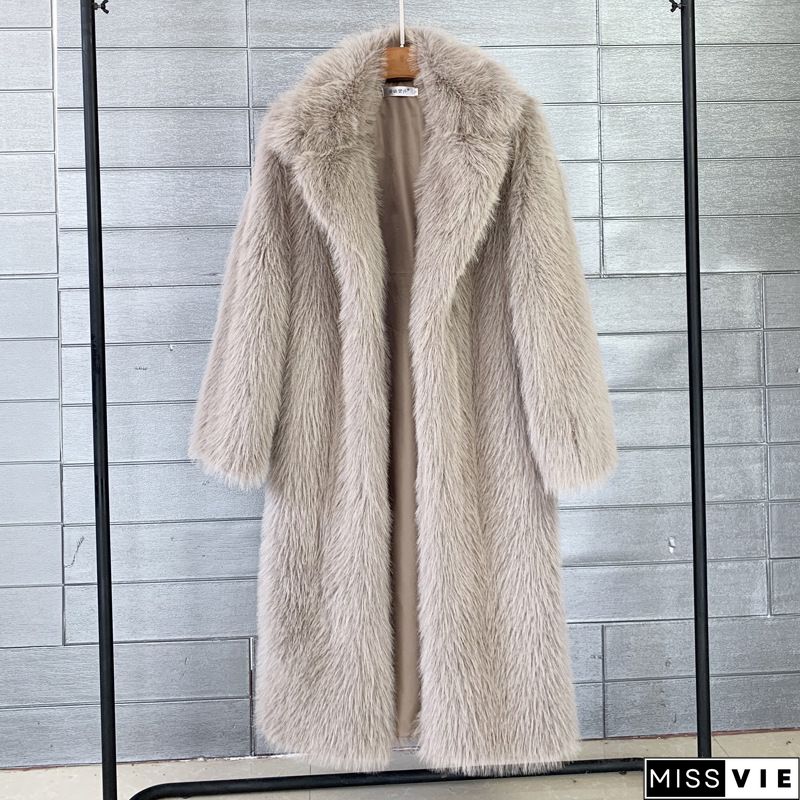 Women's Winter New Fashion Plus Size Luxury Elegant Solid Color Turn Down Collar Faux Fur Coat Warm Outerwear Tops