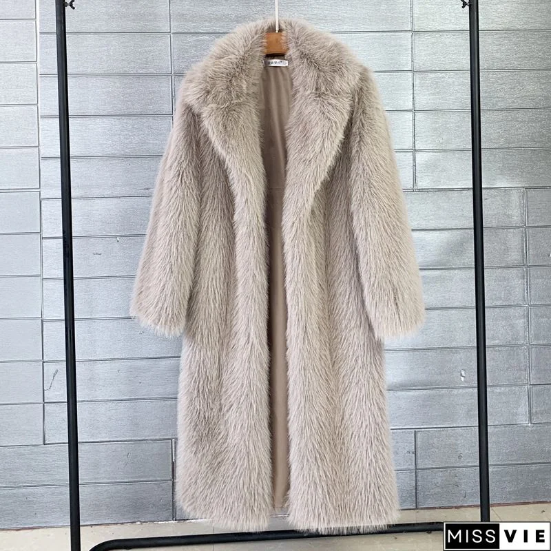 Women's Winter New Fashion Plus Size Luxury Elegant Solid Color Turn Down Collar Faux Fur Coat Warm Outerwear Tops