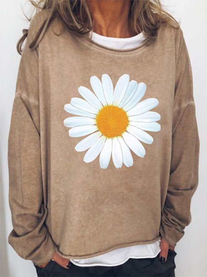 Long Sleeve Crew Neck Cute Daisy Casual Sweatshirt