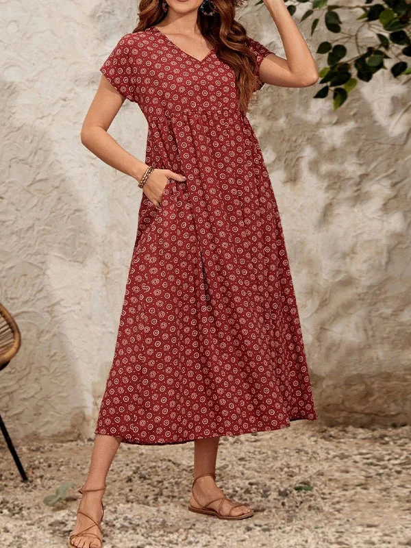 Women's Graphic Printed Short Sleeve V-neck Maxi Dress