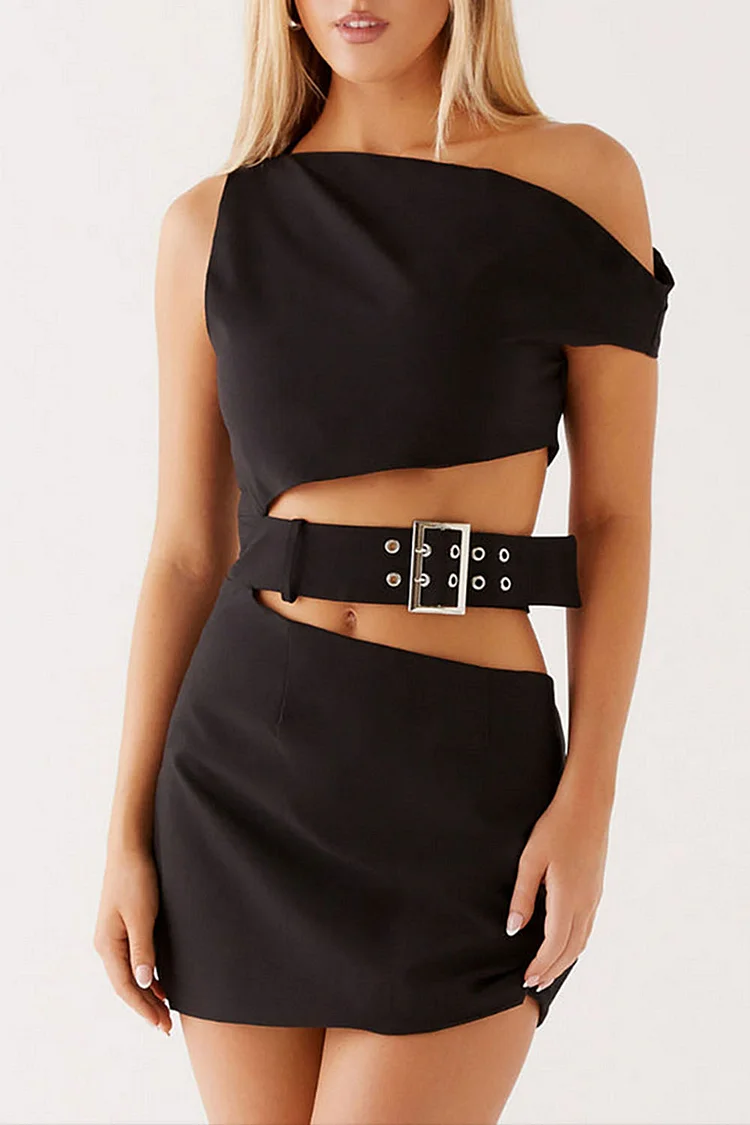 Asymmetrical Neckline Cutout Buckle Belted Mini Dresses-Black