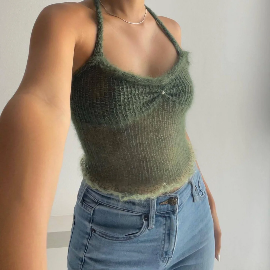 Halter Neck Y2K Women Crop Top Backless Sexy Sleeveless Green Off Shoulder Tank Tops 2022 Summer Casual Cami Party Knit