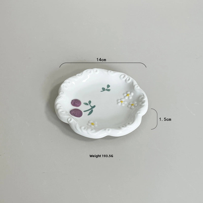 Embossed Fruit Air Cake Plate Household Ceramic Tableware Rice Bowl Disc Deep Plate Cream Color Cute High Face