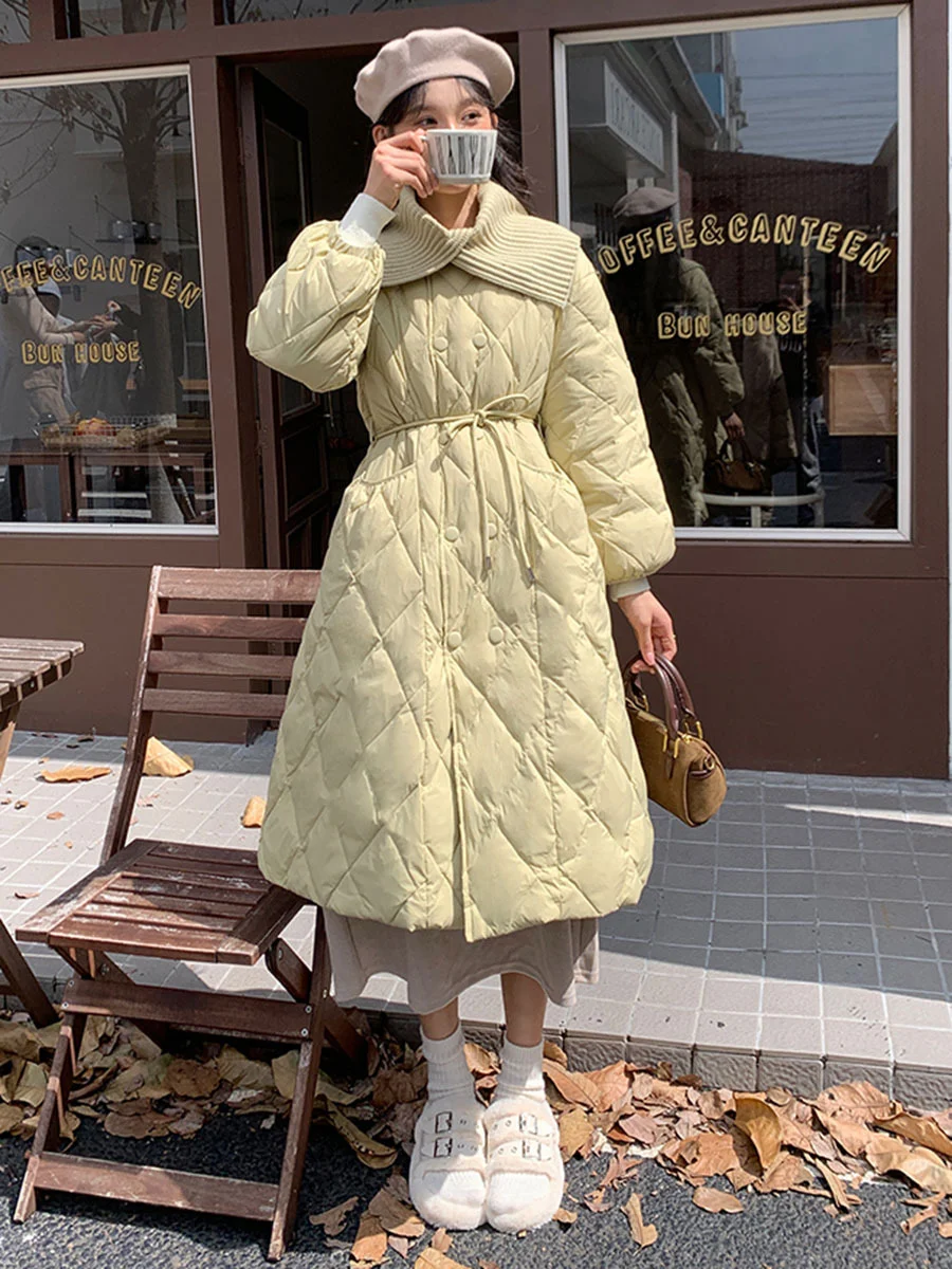 Toloer Ling Ge Knitting Collar Long Down Jacket Female 2024 Winter Fashion Thick Thin Belt Waist Show Thin Over The Knee Coat Tide-Outfit Ideas