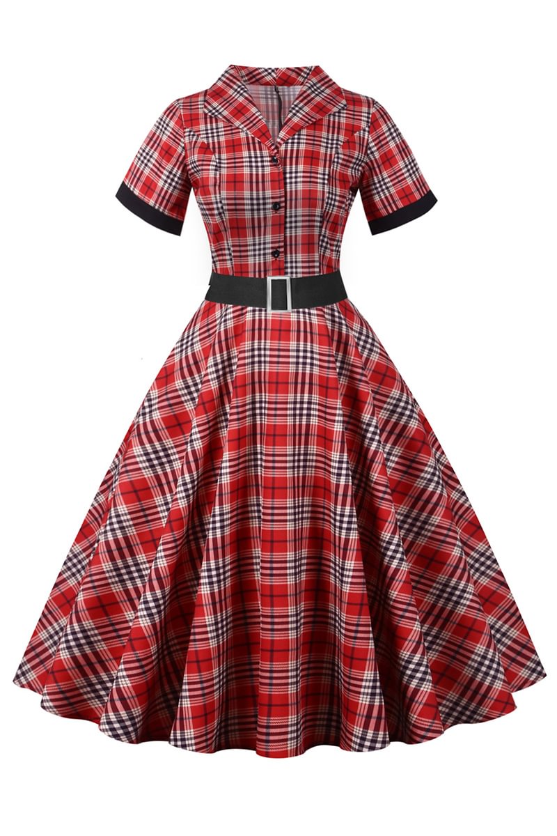 1950s Red Retro Single-Breasted Belt Design Short Sleeve A-Line Plaid Maxi Dress
