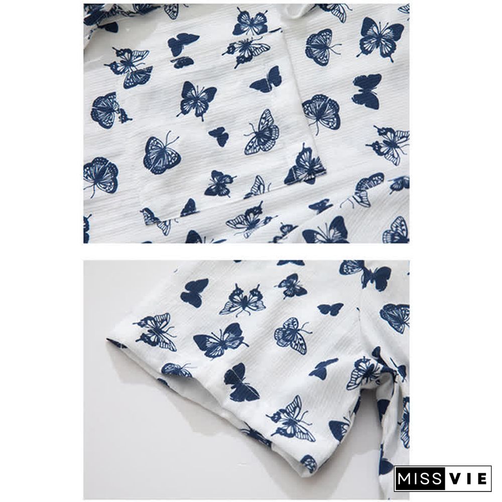 Vintage Butterfly Print Pocket Lace Up Loose Polo Shirt