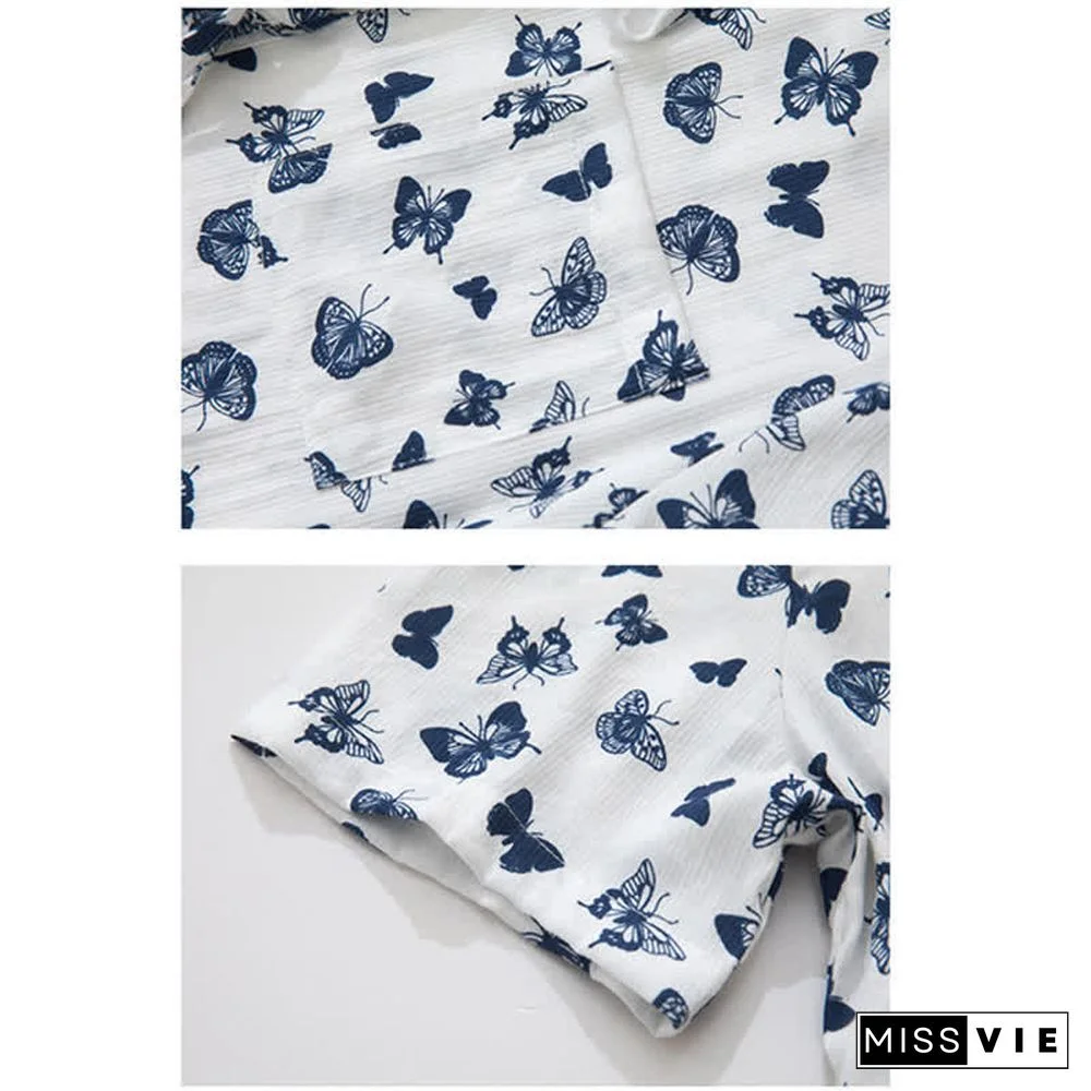 Vintage Butterfly Print Pocket Lace Up Loose Polo Shirt