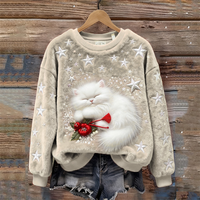 Christmas Sleeping Fuzzy Cat Stars Embroidered Cozy Plush Sweatshirt wearshes
