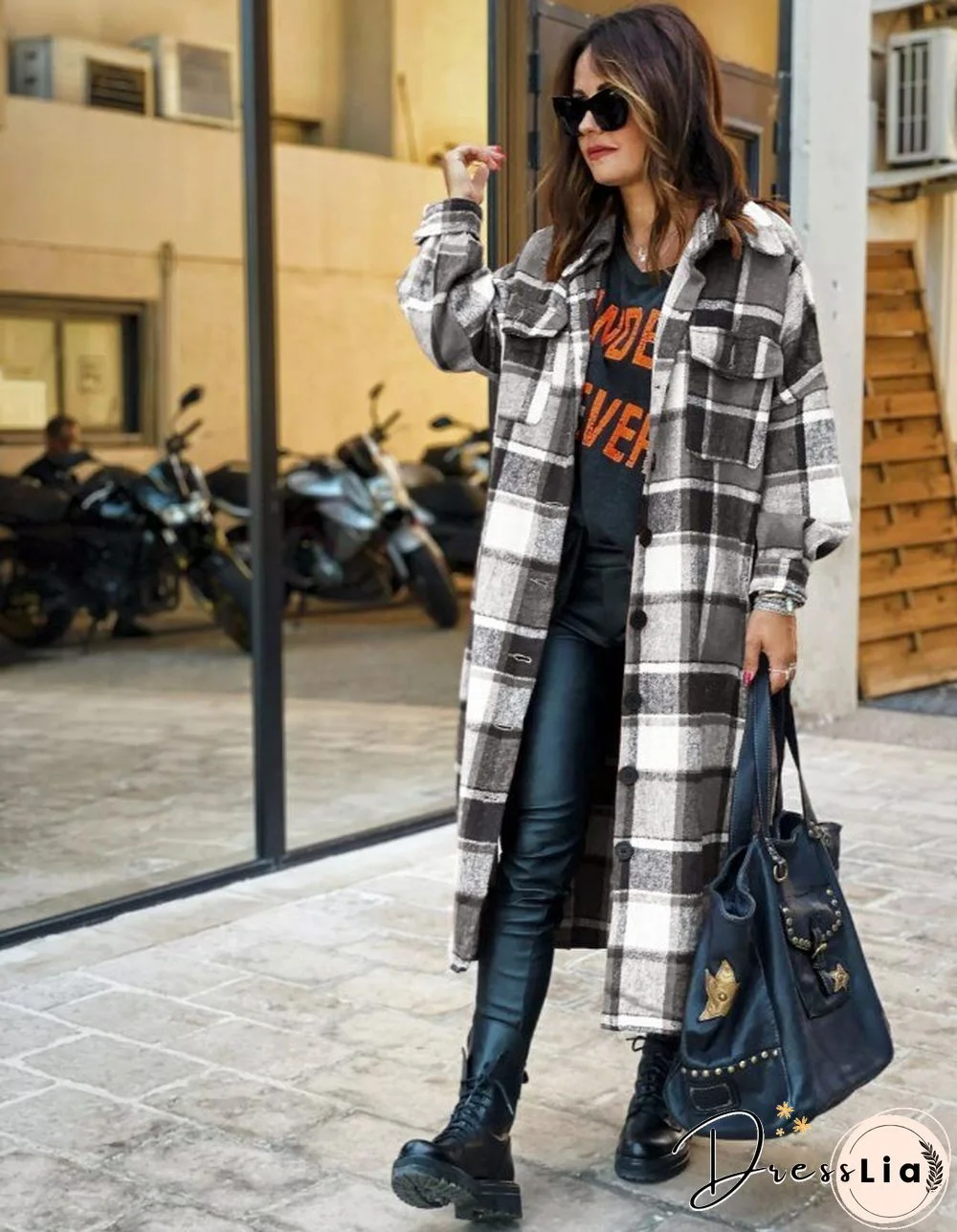 Women'S Fashion Long Plaid Coat Autumn Shirt Coat Woolen Coat Streetwear Women Clothing Loose Coat Female Casual Jacket