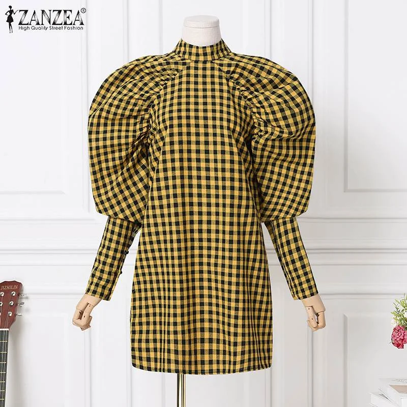 2022 ZANZEA Summer Y2k Women Mini Dresses Party Vestidos Fashion Plaid Dress Casual Puff Sleeve Stand Collar Sundress Oversized