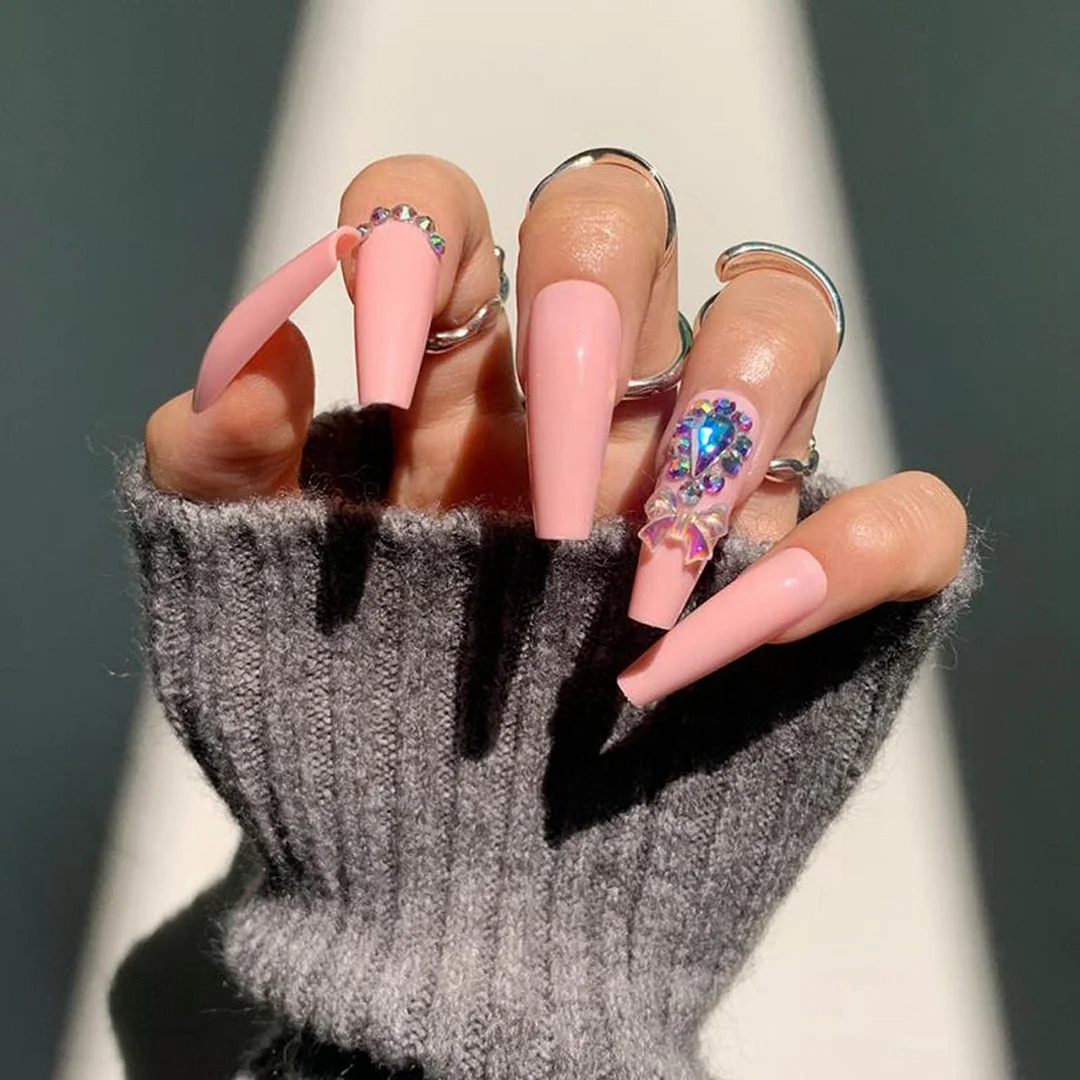 24pcs Rhinestone Long Ballerina False Nails With Designs Wearable Coffin Fake Nails Full Cover Press On Nail Tips DIY Accessory