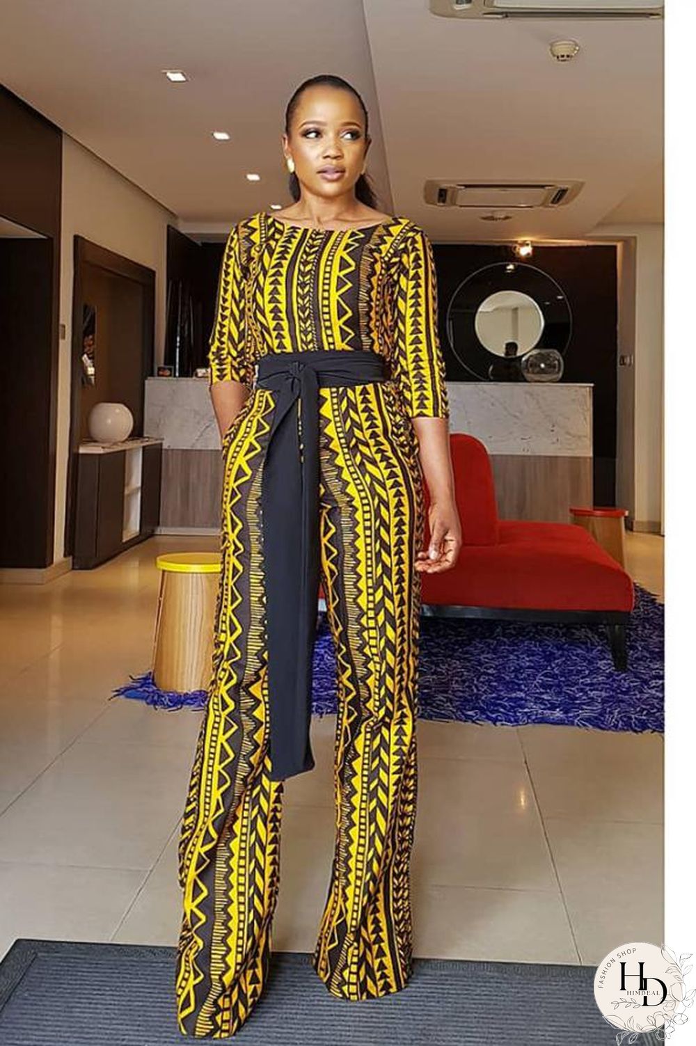 Yellow Casual Fashion bandage Print Asymmetrical Polyester Long Sleeve Peter Pan Collar Jumpsuits