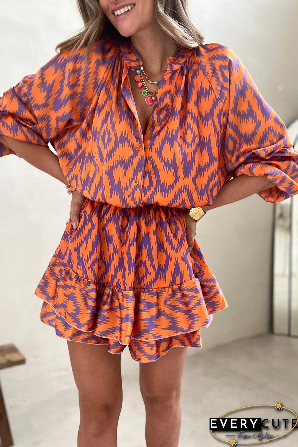 Orange Aztec Bubble Sleeve High Waist Romper
