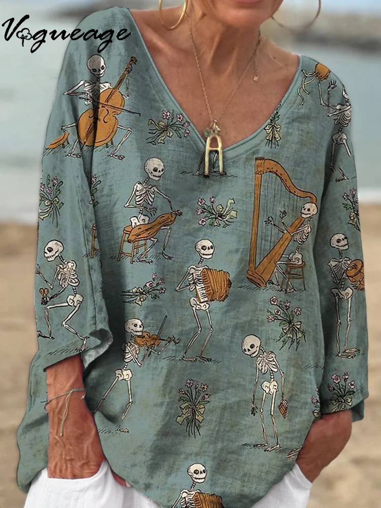 A Group Of Skeletons Playing Music Happily 3/4 Sleeves Printed Cotton And Linen Shirt