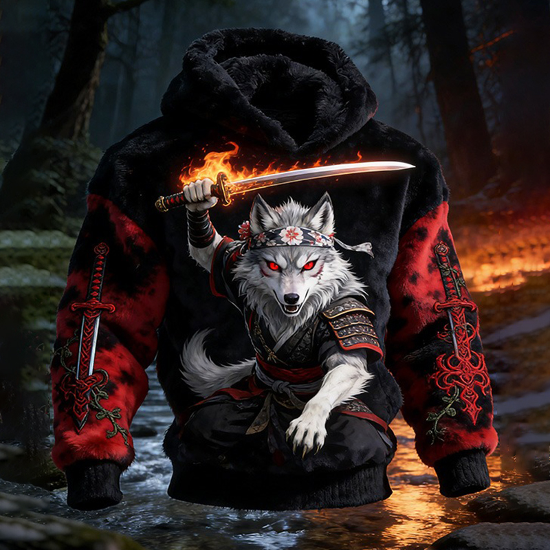 Men's Japanese Katana Wolf Samurai Dark Art Print Casual Flannel Hoodie  artssus