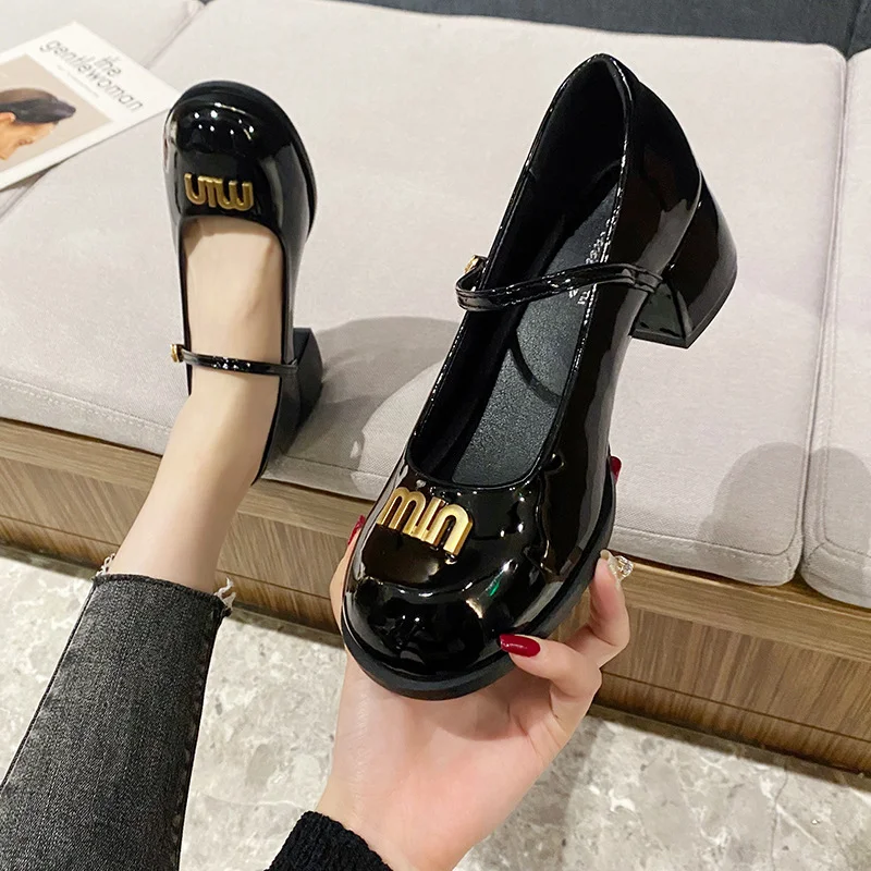 Churchf Churchf Jane Shoes Round Head Shallow Mouth High Heels Retro Casual Small Leather Shoes Thick Heel Single Shoes Women