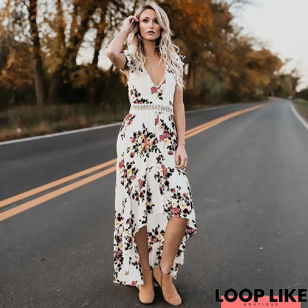 Sleeveless V-Neck Backless Waist-Length Irregular Floral Dress Black Dresses