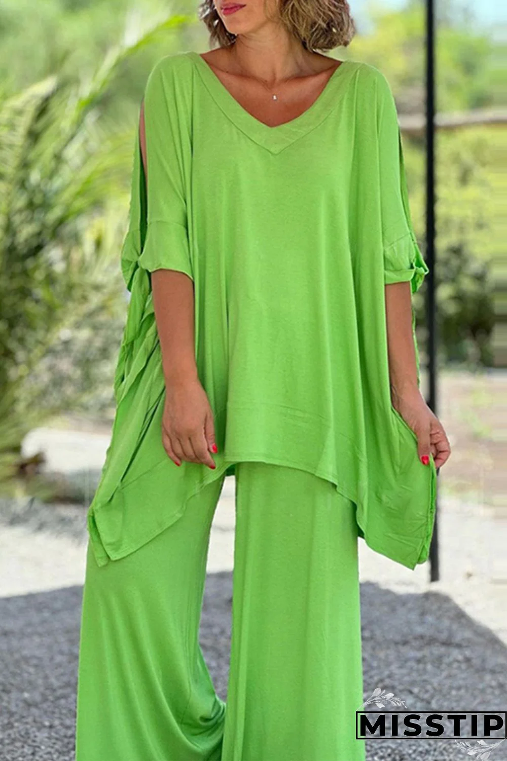 Fluorescent Green Casual Simplicity Solid Frenulum V Neck Half Sleeve Two Pieces