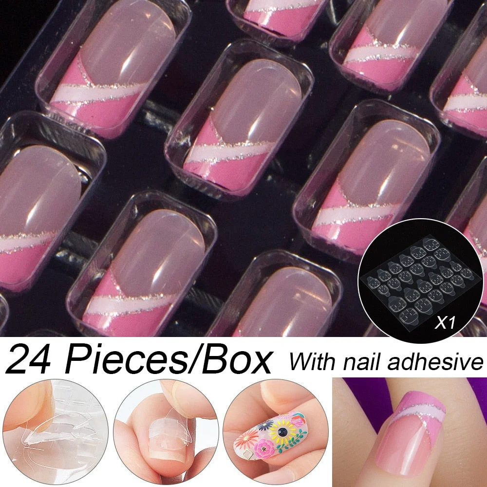 Fashion 24pc/set 10 Sizes Fake Nails Full Cover French False Nail Tips With Double-Sided Nail Adhesive Tab Press On Coffin Nail-Nail Inspo