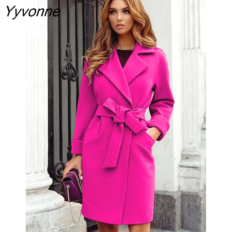 Yyvonne Office Lady Woolen Women's Coat Warm Jackets Outwear Top With Belt Outdoor Party Turndown Collar Long Overcoat Winter