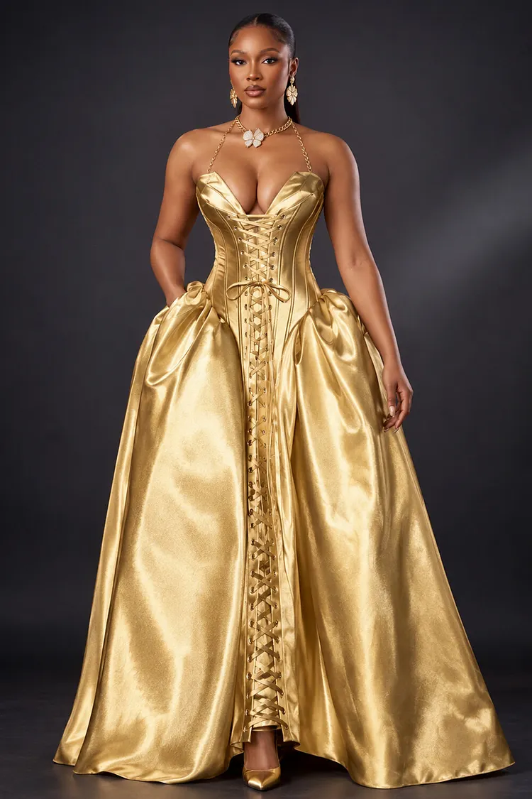 gold dress sweetheart neckline Halter Neck Lace-Up Satin A-Line Maxi Dresses-Gold [Pre Order] rosette