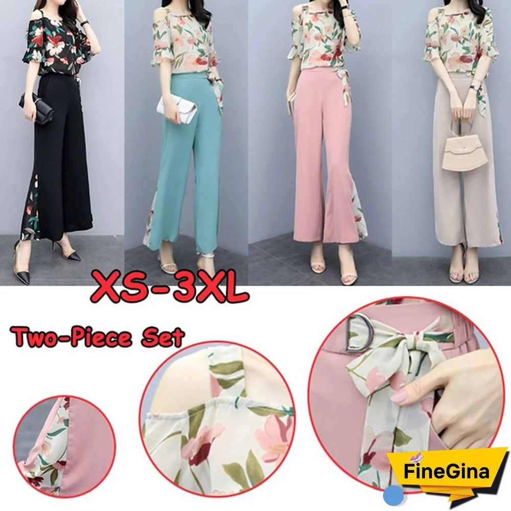 New 2 Piece Set Outfits For Women Floral Print Shirts And Pants Suits Summer Autumn Office Woman Elegant Set Clothing