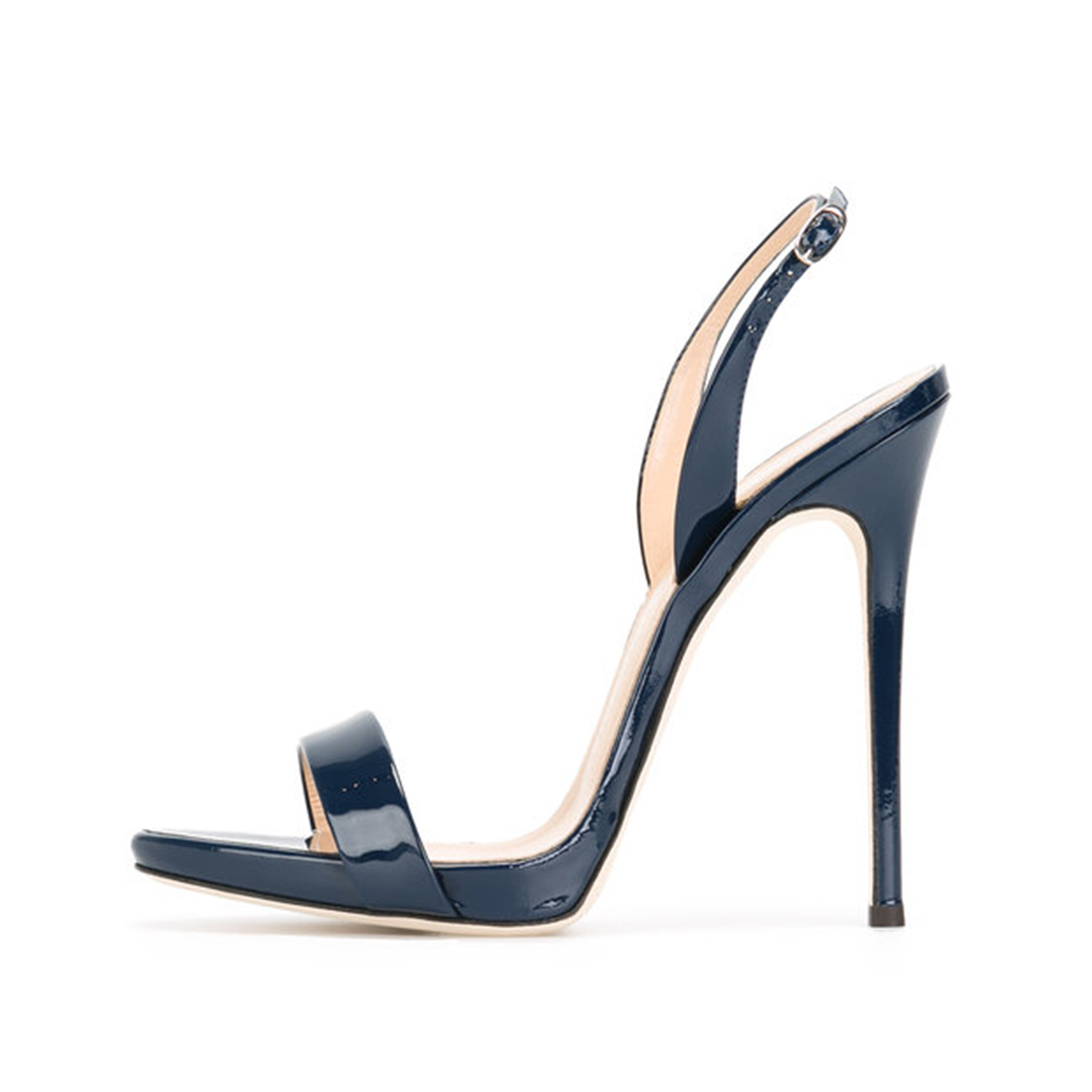 Women's Navy Patent Leather Stiletto Heels Open Toe Slingback Sandals