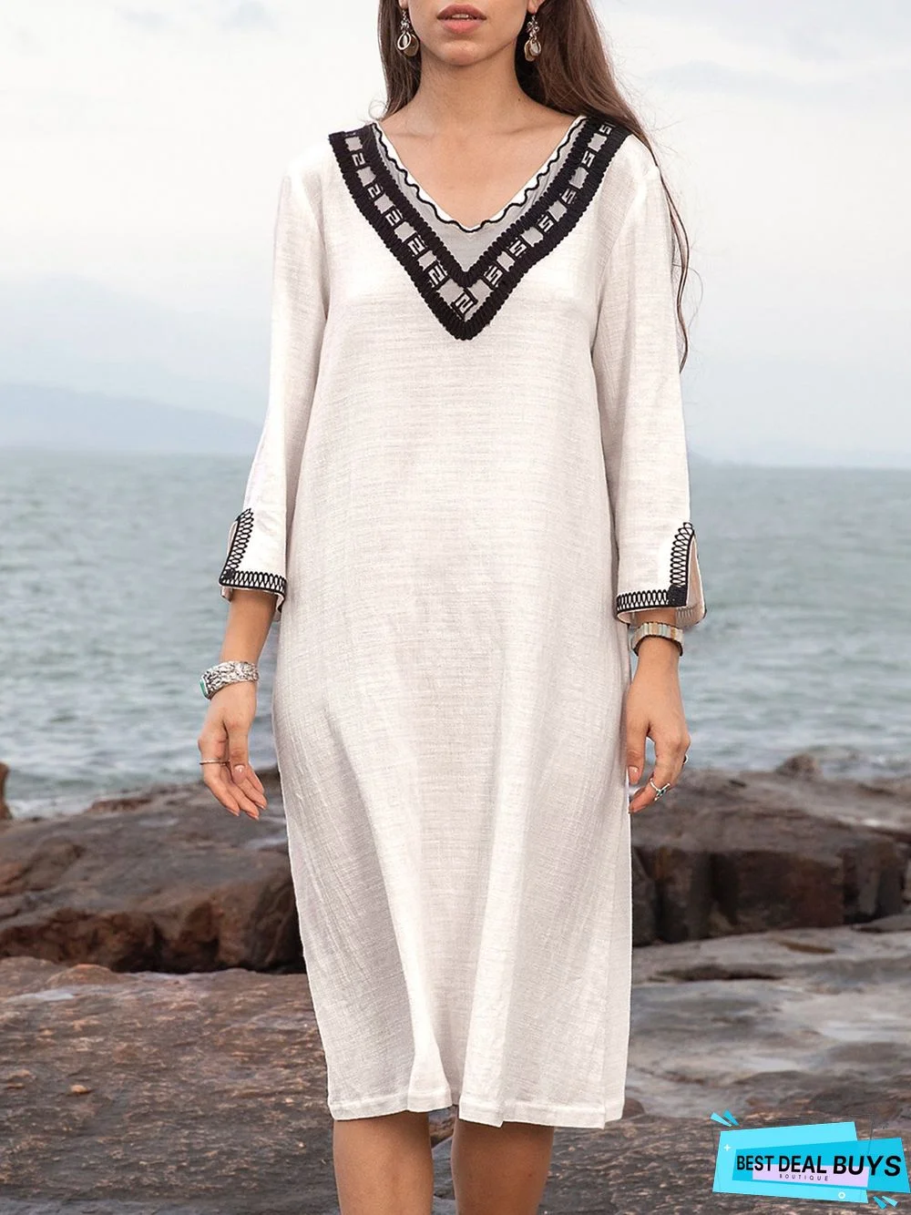 Women Cotton Boho Plain 3/4 Sleeve Weaving Dress