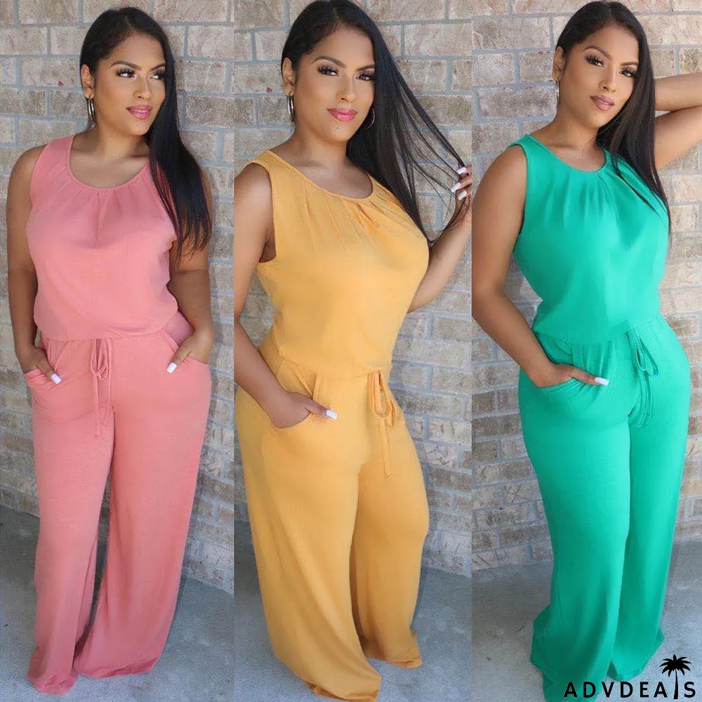 Plus Size Solid Sleeveless Two Piece Pants Set