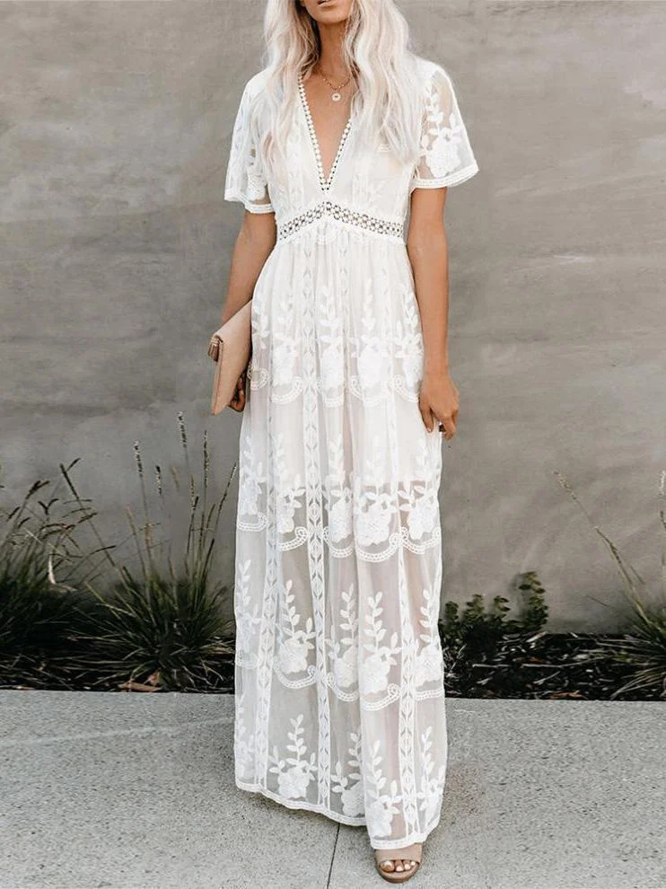 Pure color layers v-necked lace dress