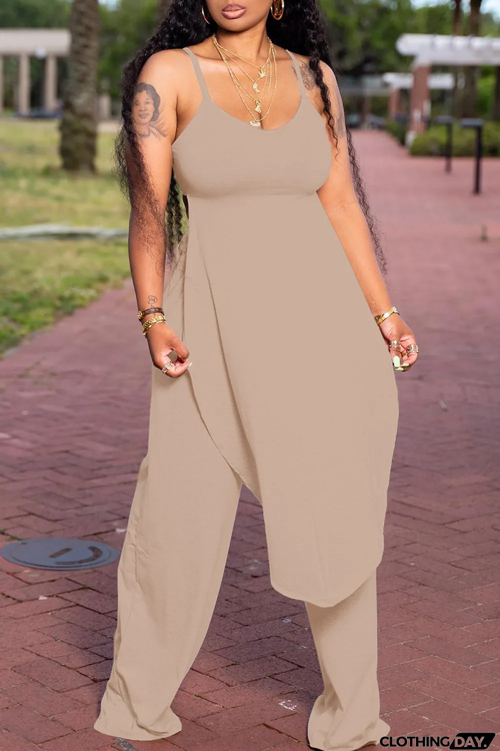 Grey Fashion Casual Solid Backless Asymmetrical Spaghetti Strap Sleeveless Two Pieces