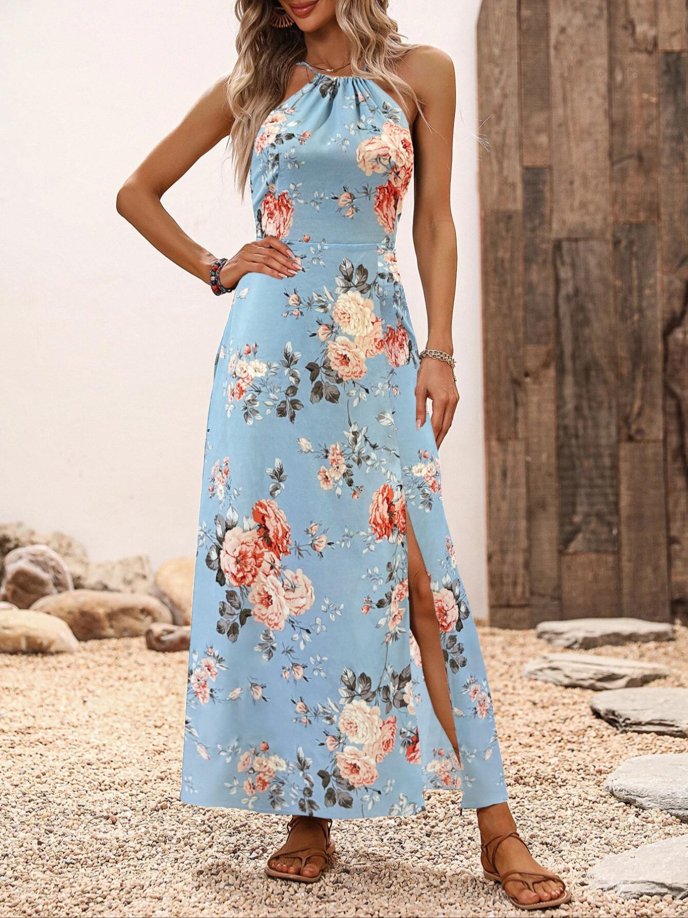 Women's Floral Print Split Thigh Halter Dress, Elegant Chic Boho Style Tie Back Design Long Dress for Spring Summer Fall, Bohemian
