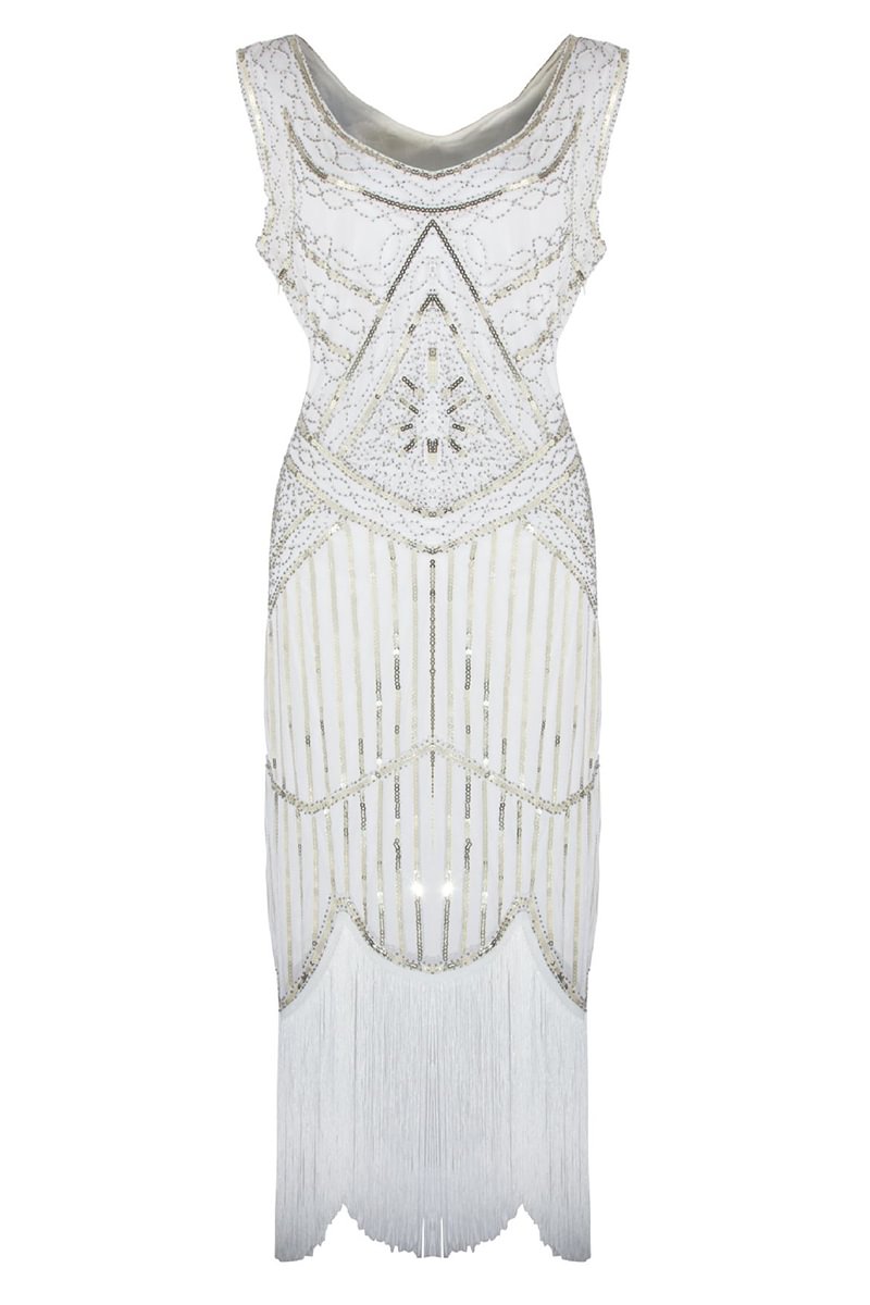 1920s Evening White Sequin Rhinestone Fringe Round Neck Midi Dress