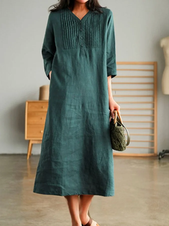 Women's Solid V-neck Cotton Linen Dress socialshop