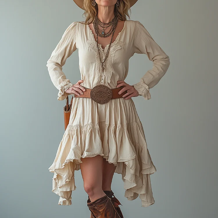 Ursime Western Cotton And Linen Ruffle Irregular Hem Midi Dress