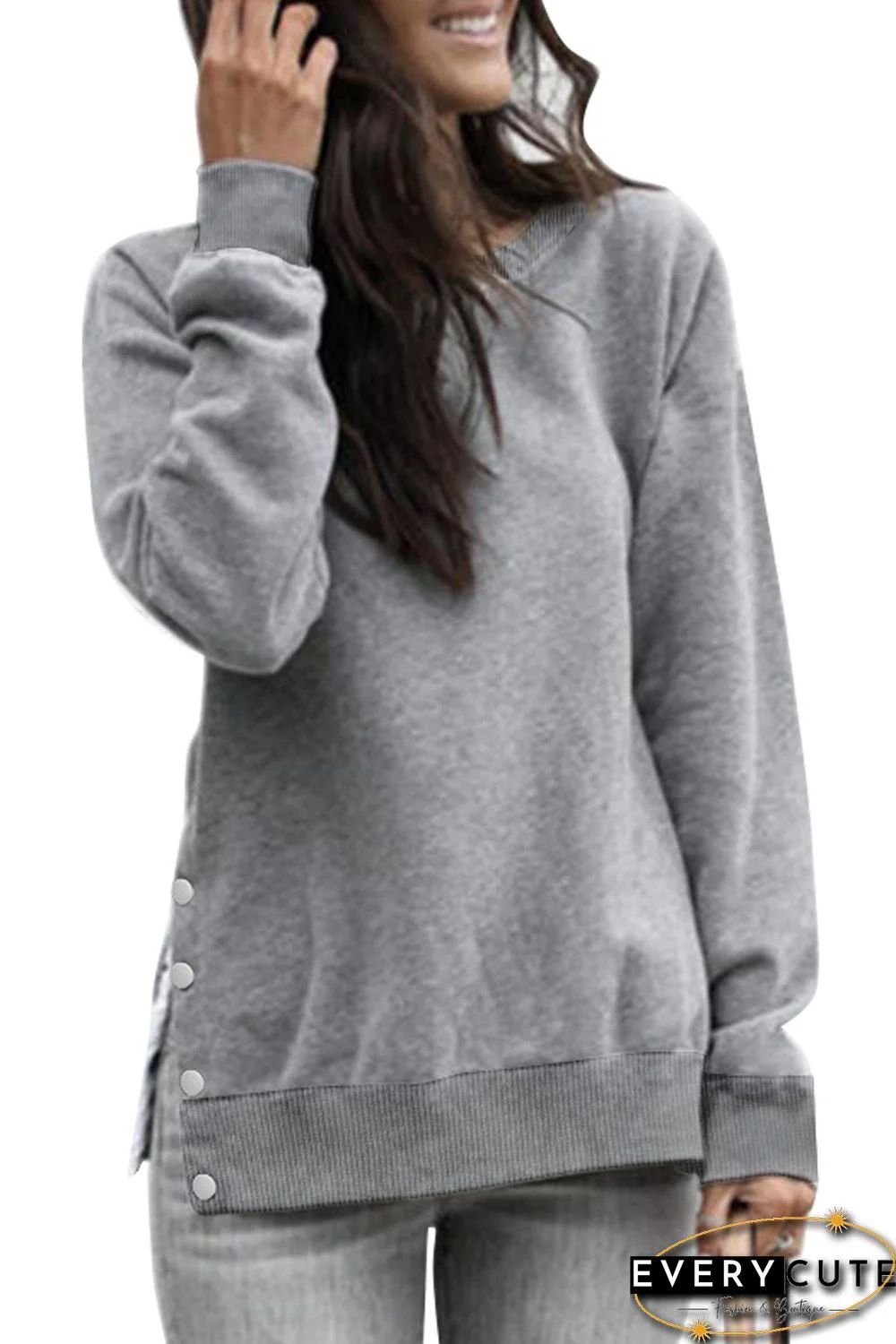 Gray Casual Slit Side Button Long Sleeves Sweatshirt