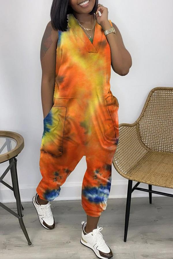 Casual Tie Dye V Neck Sleeveless Rompers