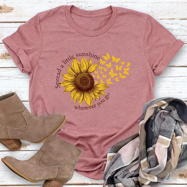 Butterfly on sunflower petals Round Neck T-shirt-0018799