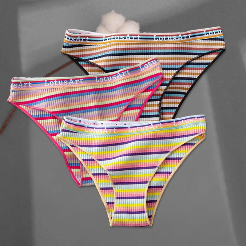 FINETOO 3Pcs/set Colorful Stripes Panties Women's Cotton Briefs M-XL Low-Rise Rainbow Underwear Ladies Underpants Girls Panties