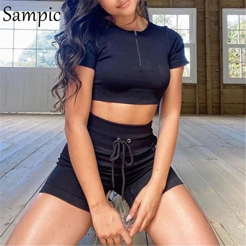 Sampic Summer 2021 Sexy Tracksuit Women Shorts Set Casual Sport Tees Tops And Mini Biker Shorts Suit Two Piece Set Lounge Wear