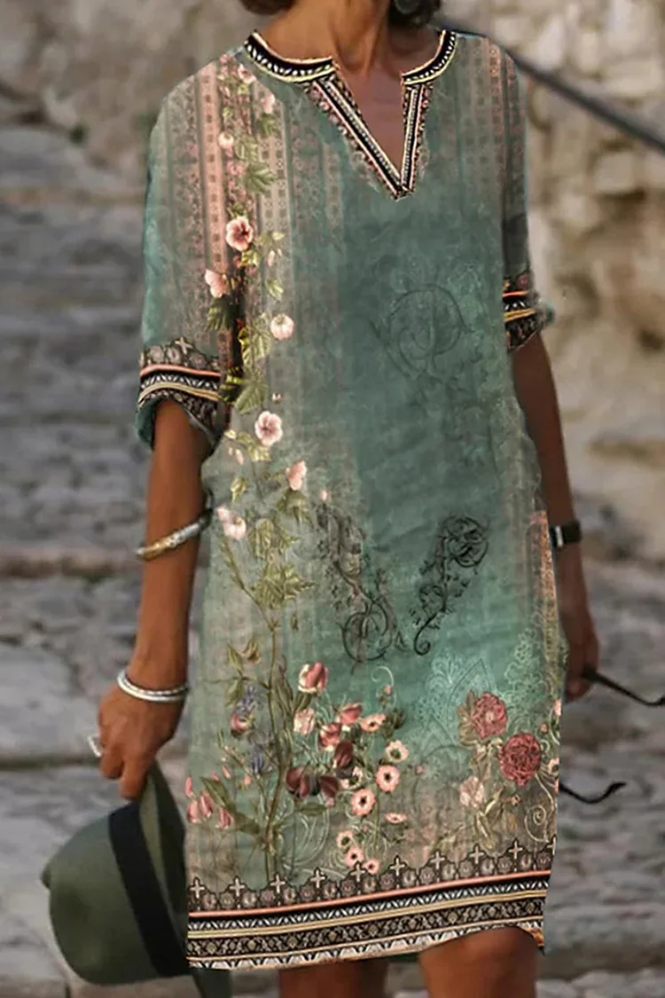 Plus Size Casual Green Linen Retro Tribal Floral Print V Neck Midi Dress  Flycurvy [product_label]