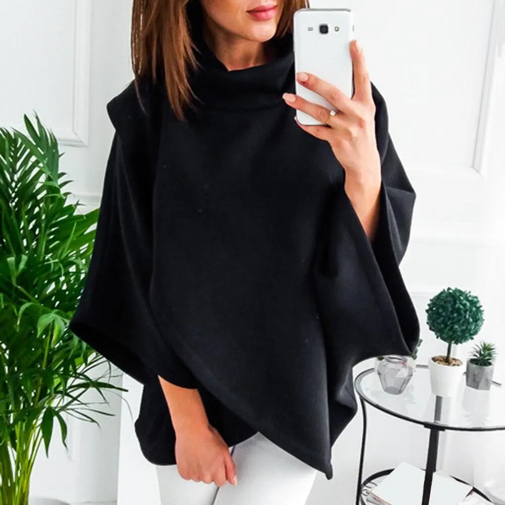 High Quality Women Dolman Sleeve Turtleneck Solid Color Cloak Irregular Pullover Blouse Top Polyester&nbsp; Spandex Women's Blouse